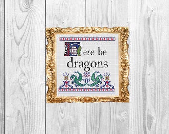 Here be dragons -  Vintage and Retro Modern Cross Stitch Pattern - Instant Download