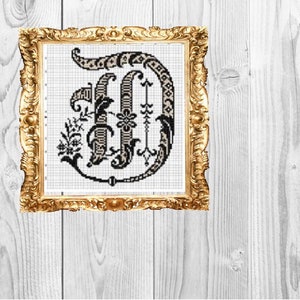 Letra D monograma: elegante, vintage, boda, bebé, hogar, subversivo, sarcástico, patrón de punto de cruz: descarga instantánea