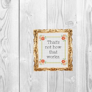 May include: A gold framed cross-stitch with a white background and red and orange flowers in the corners. The cross-stitch says "That's not how that works."