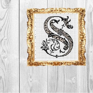 Letra do monograma S - Elegante, vintage, casamento, bebê, casa, subversivo, sarcástico, Padrão de ponto cruz - Download instantâneo