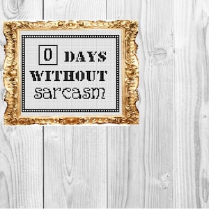 May include: A framed cross-stitch design with black text that reads "0 DAYS WITHOUT sarcasm" on a white background.