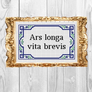 Peut inclure: Une broderie au point de croix encadrée avec une bordure bleue et verte et la phrase latine "Ars longa, vita brevis" en texte noir.