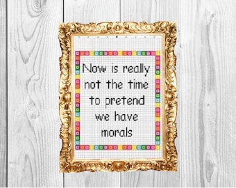 May include: A framed cross-stitch with a colorful border. The text reads "Now is really not the time to pretend we have morals."