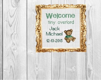 Welcome Tiny Overlord Teddy Bear Green - Custom Baby Announcement Cross Stitch - New baby pattern - Digital Download