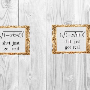 May include: Two gold-framed pictures with a white background. The pictures contain the mathematical equation "(√(-sh*t))^2" and the text "sh*t just got real".