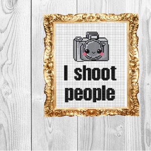 May include: A gold framed cross-stitch with a pixelated image of a camera with a cute face and the text "I shoot people".