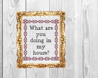 May include: A framed cross-stitch with a gold frame and a white background. The cross-stitch features the text "What are you doing in my house?" in black lettering.