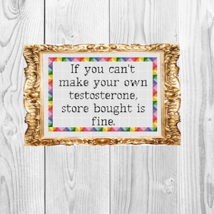 May include: A framed cross-stitch with a colorful border and the text "If you can't make your own testosterone, store bought is fine."