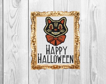 Happy Halloween - Vintage Retro halloween cat  Cross Stitch Pattern - Instant Download