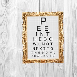 May include: A gold framed eye chart with the text "P E I N T H E B O W L N E X T T O T H E B O W L T H A N K Y O U".