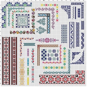 May include: A collection of cross-stitch patterns featuring various borders, frames, and designs. The patterns are arranged in a grid and include a variety of colors, including blue, red, green, and yellow.