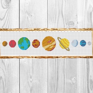 May include: A framed cross-stitch design of the planets in our solar system. The planets are depicted in a row, from left to right, in order of their distance from the sun. The planets are represented in their respective colors, with the sun in the center. The planets are surrounded by a black background.