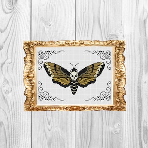 May include: A framed cross-stitch embroidery of a black and yellow death's-head hawkmoth with a skull on its thorax.