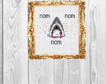 nom nom nom shark - Modern, subversive, snarky, funny,  Cross Stitch Pattern , - Instant Download