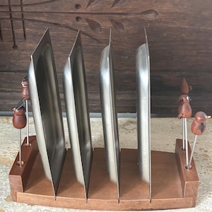 Vintage Danish Mid-Century Modern hors d'oeuvre, cocktail pick set, featuring 5  teak wood animal figurines with 4 stainless steel trays