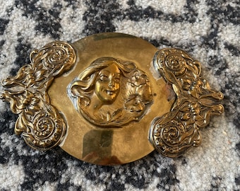 Massive ~ Art nouveau style ~ Vintage gold tone belt buckle with beautiful details . Unsigned