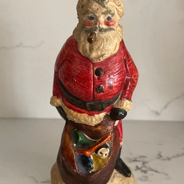 Vintage Chalk Santa Claus, Christmas Chalkware Figurine, Santa With Pipe and Bag of Gifts, Holiday Decor,