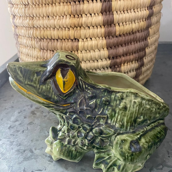 Vintage Midcentury  McCoy Pottery Frog Planter 1950's era, green, black, yellow & cream w/ gloss finish w/front hole to release extra water.
