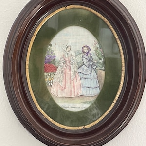 Antique Godey’s Paris Fashion Print Framed in Oval Wood.