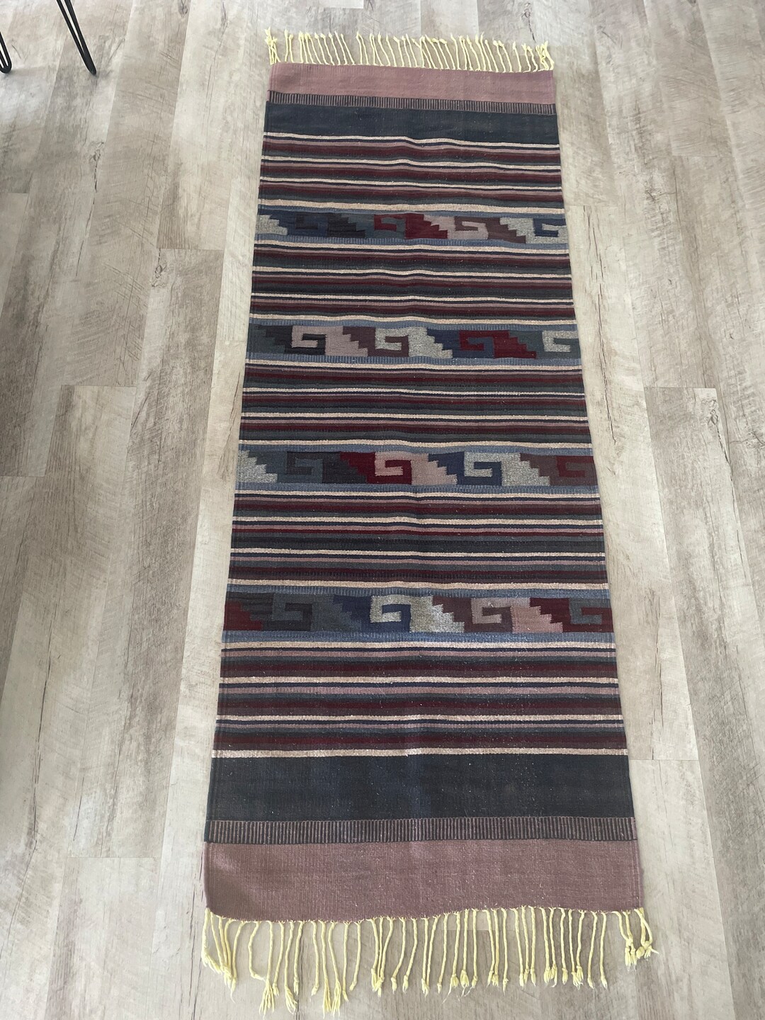 Loom Handwoven Wool Rug With Fringe. Beautiful Color Combinationnavy