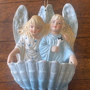 Religious Antique French porcelain Holy Water Font Wall Benitier Angels and Seashell