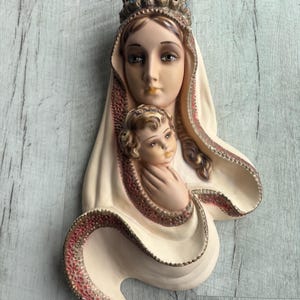 Vintage Bust of The Madonna and Baby Jesus with Rhinestones on Her Crown.
