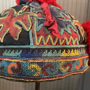C.1930s Yao (Mien) Tribe Child’s Hat Embroidered Pompoms Textile Art Craft