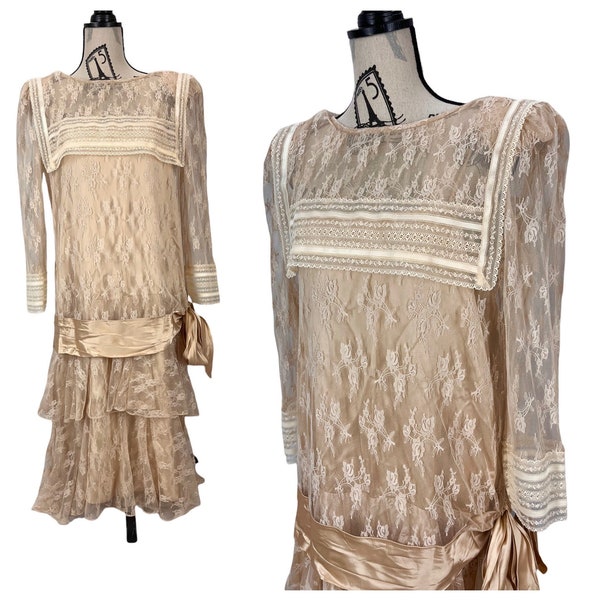 Vintage 70's Ivory and Rose Gold Satin Lace Tea Length Prairie Dress Size M/L
