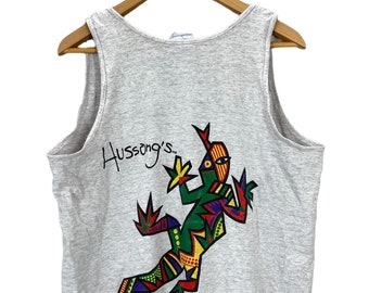 Vintage 90's Hussong's Cantina Ensenada Colorful Lizard Art Gray Tank Top Shirt M