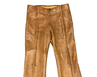 Pantalon hippie disco en cuir marron vintage des années 70 T 34 x 31