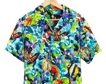 Vintage Super Colorful Sea Art Hawaiian Shirt Medium Distressed