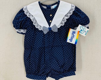 Vintage 90's Navy Blue Polka Dot Baby Romper Size 24 Months