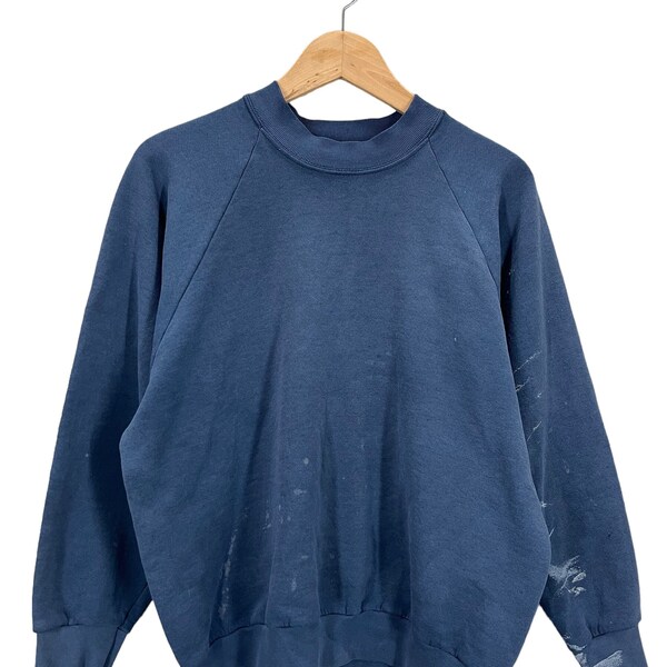 Vintage Blank Blue Faded Distressed Paint Splatters Raglan Sweatshirt Medium
