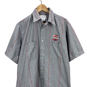 Vintage Y2K Coca Cola Gray Striped Embroidered Button Down Employee Shirt Large