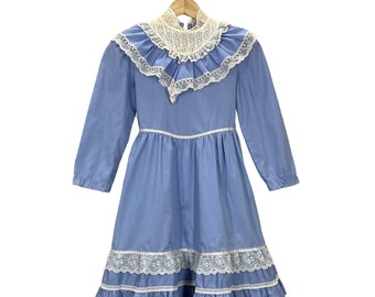 Robe vintage des années 70 Robyn Sue bleu et dentelle Prairie Boho Cottagecore filles dimensionnement
