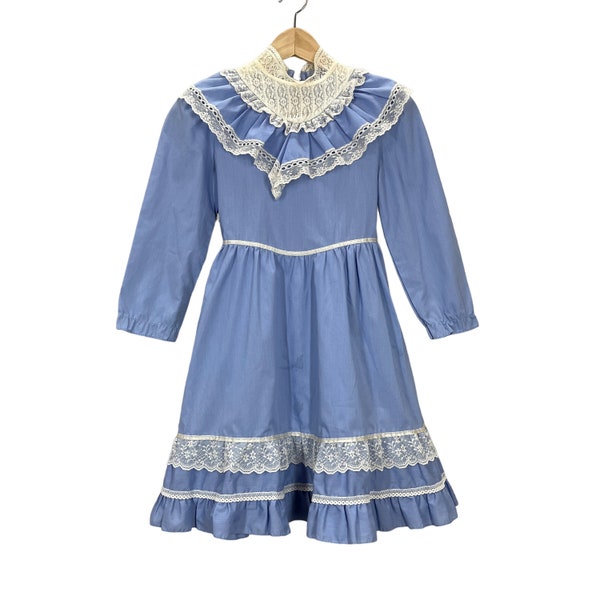 Kids Vintage 70's Robyn Sue Blue and Lace Prairie Boho Cottagecore Dress Girls Sizing