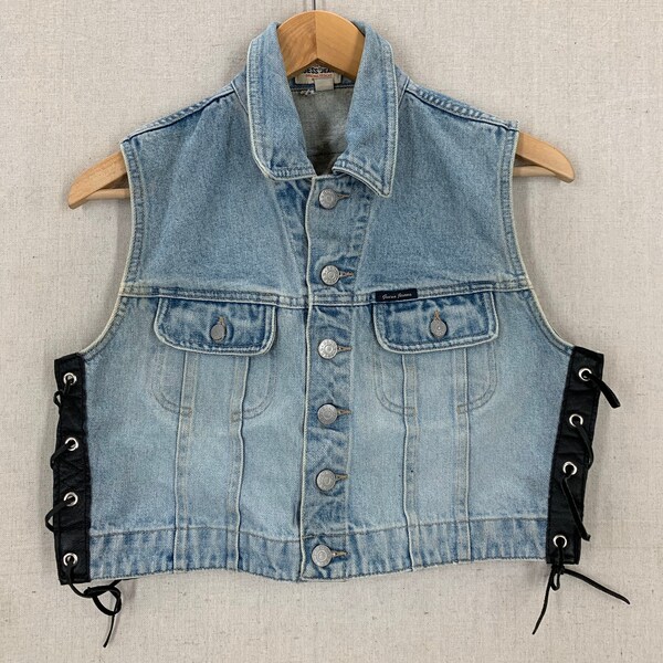 Vintage 90's GUESS Blue Denim Biker Vest Other Ride is Your Girlfriend Patch Moto Jacket Women’s Sz Small