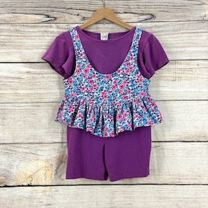 Kids Vintage 90's Purple Floral Peplum Leotard and Tshirt Set Size Youth Large