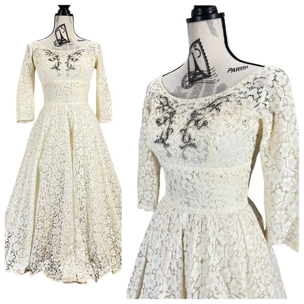 Vintage 50’s Sylvia Ann Ivory and Lace Tea Length Dress with Metal Zipper Size Small