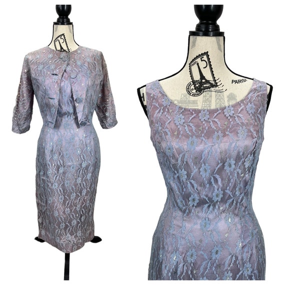 Vintage 60's Lavender and Lace Pencil Dress Size M