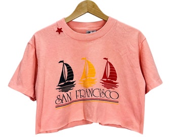 Vintage 80's San Francisco Sail Boats Pink Crop Top T-Shirt Medium