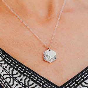 Sunflower Hexagon Necklace, Silver Necklace for Women