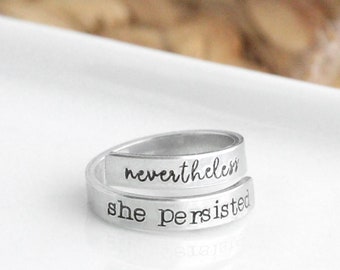 Nevertheless She Persisted Wrap Ring, Adjustable Nickel-Free Ring for Women