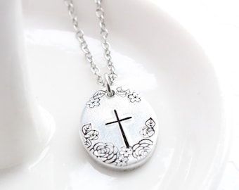 Floral Cross Necklace for Women, Cross with Flowers