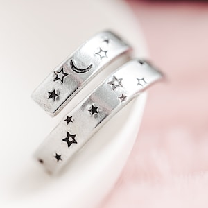 Handmade Moon and Star Ring, Adjustable Wrap Ring, Celestial Jewelry