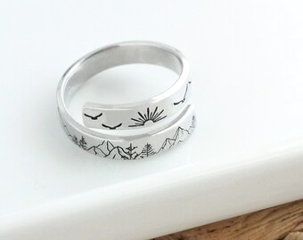 Mountain Landscape Wrap Ring, Hiking Adventure Jewelry, Hand Stamped Nature Ring