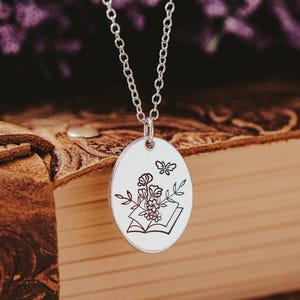 Floral Book Lover Necklace, Silver Oval Necklace, Gift for Readers