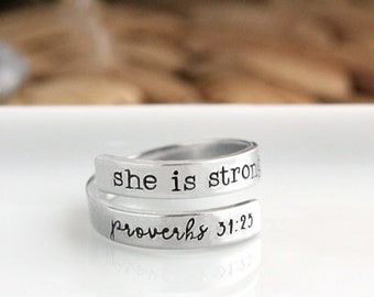 Proverbs 31:25 She Is Strong, Faith Wrap Ring, Christian Gift, Adjustable Nickel-Free Jewelry