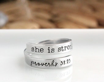 She Is Strong Wrap Ring, Inspirational Jewelry, Christian Jewelry, Proverbs 31:25, Gift