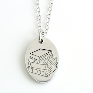 Book Lover Necklace, Silver Oval Necklace, Gift for Readers